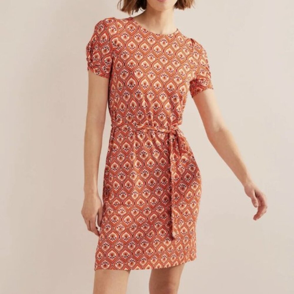Boden 20/22L Jersey Dress Knot Detail Short Sleeves Coral White